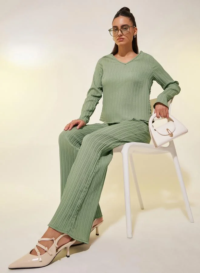Take Two Textured V Neck Long Sleeve Top and Pants Co-Ords